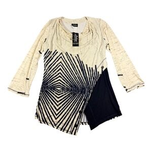 Artex Fashions Tunic Top Women XL Cream Navy Geometric Asymmetrical 156-7113